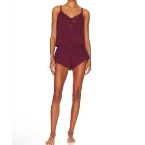 Eberjey Naya Lace Trim Modal Romper Red Burgundy Medium